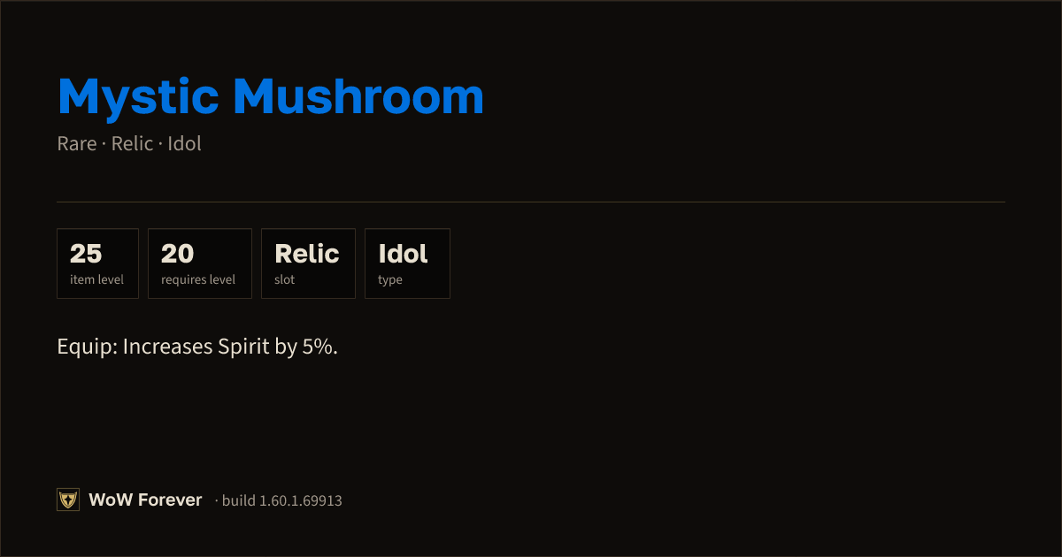 The preview card for Mystic Mushroom - Rare Idol, Item Level 25