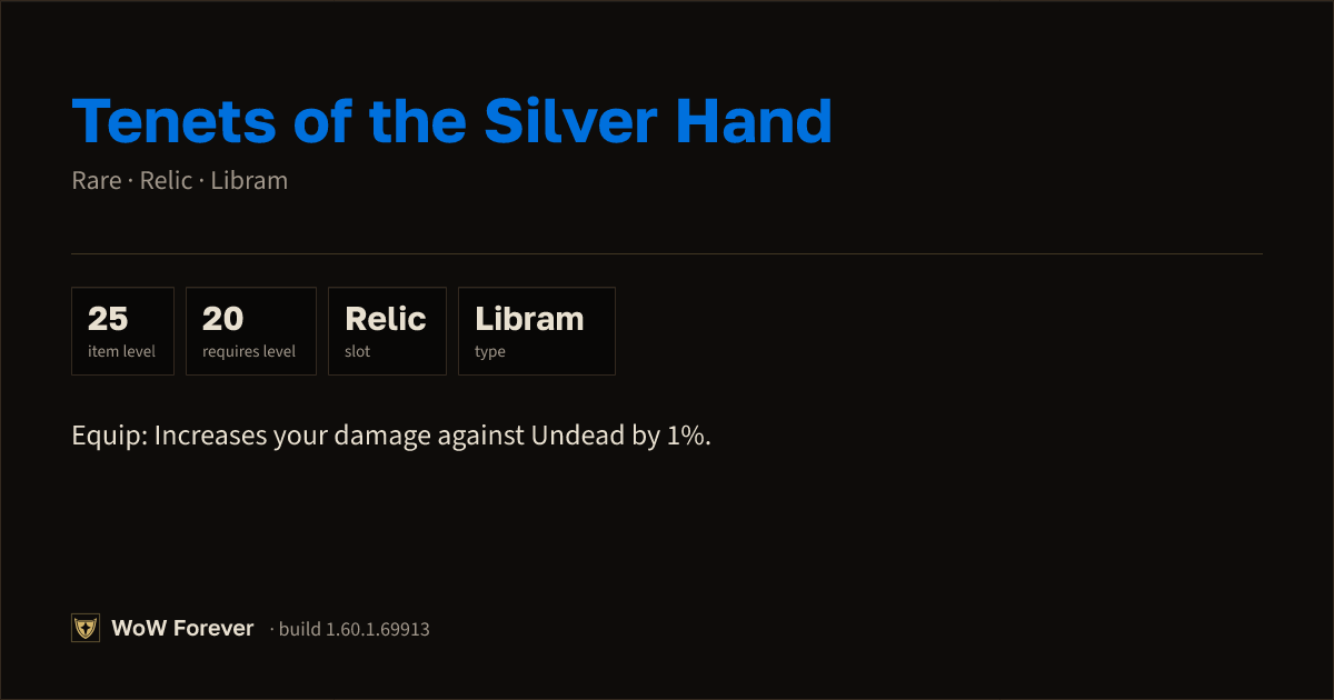 The preview card for Tenets of the Silver Hand - Rare Libram