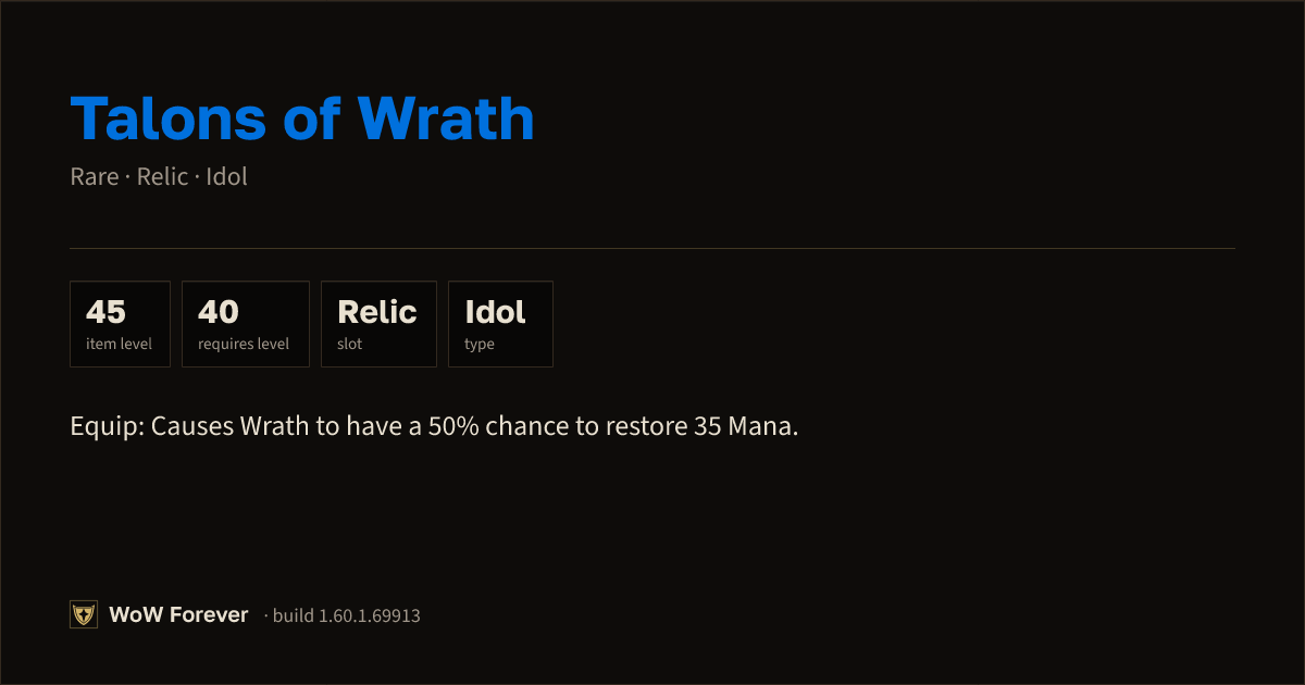 The preview card for Talons of Wrath - Rare Idol, Item Level 45