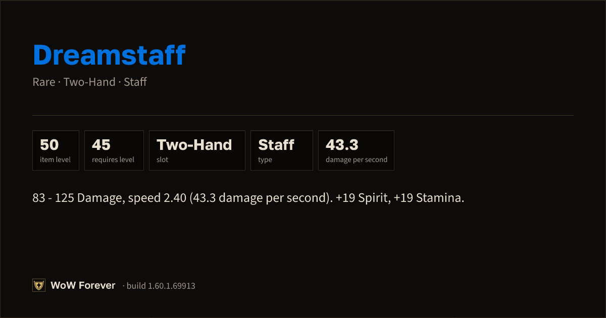The preview card for Dreamstaff - Rare Two-Hand Staff, Item Level 50