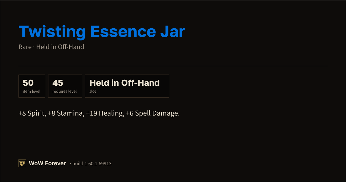 The preview card for Twisting Essence Jar - Rare Off-Hand Item