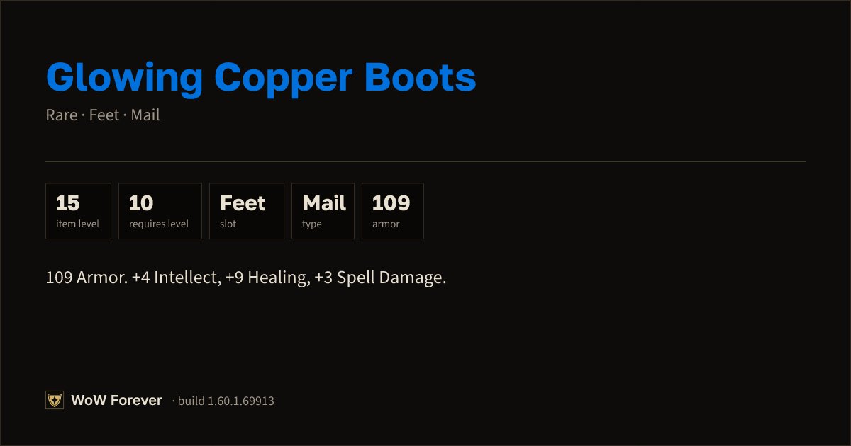 The preview card for Glowing Copper Boots - Rare Mail Feet