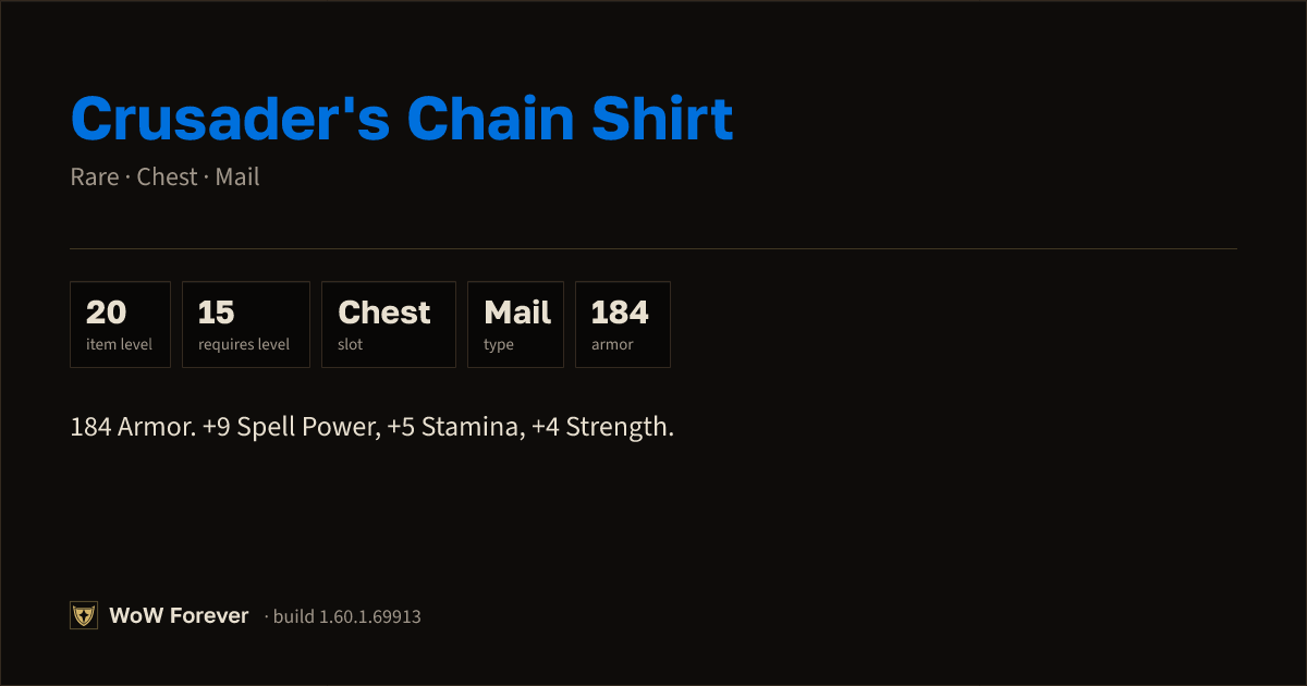 The preview card for Crusader's Chain Shirt - Rare Mail Chest