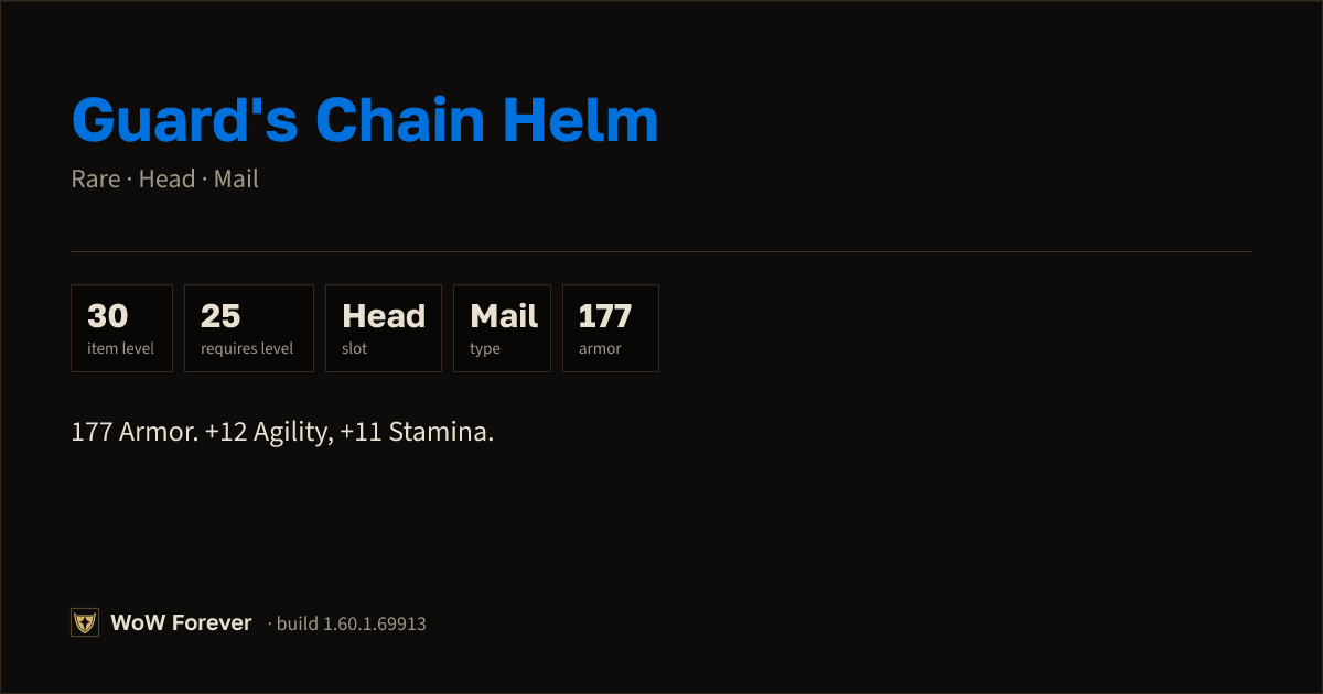 The preview card for Guard's Chain Helm - Rare Mail Head, Item Level 30