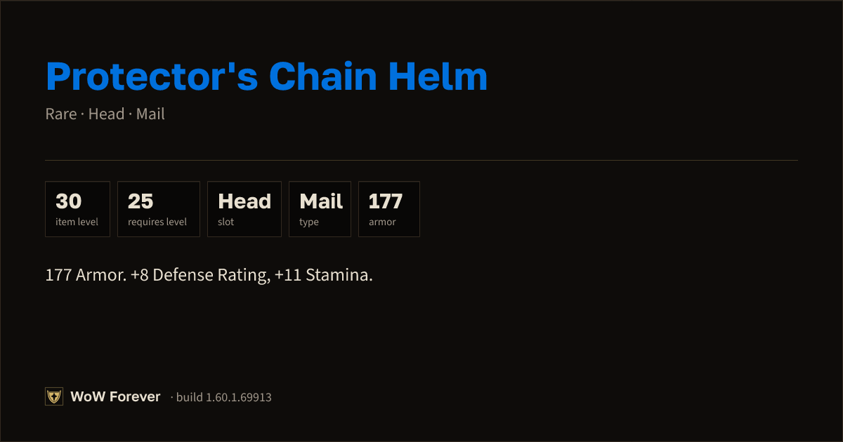 The preview card for Protector's Chain Helm - Rare Mail Head