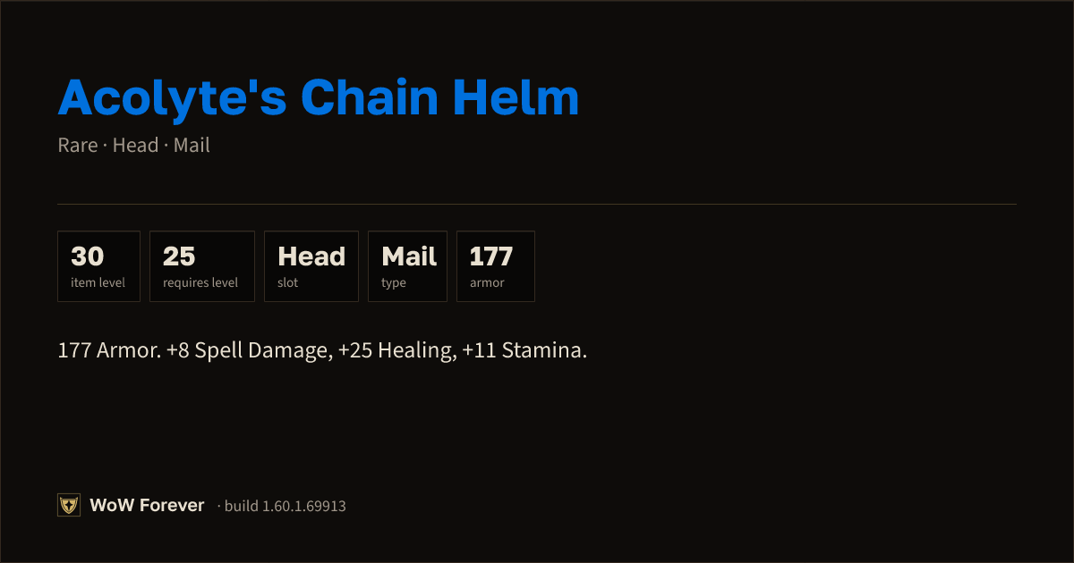 The preview card for Acolyte's Chain Helm - Rare Mail Head
