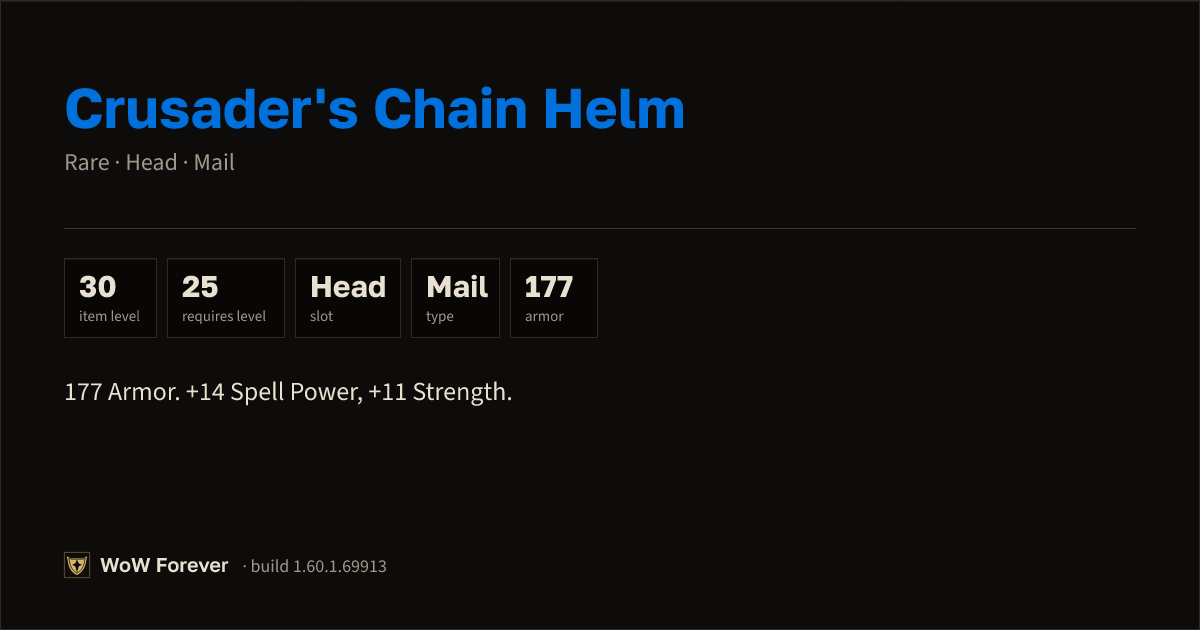 The preview card for Crusader's Chain Helm - Rare Mail Head