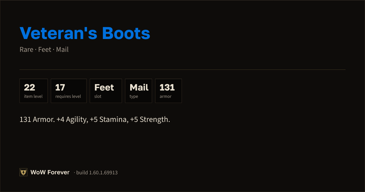 The preview card for Veteran's Boots - Rare Mail Feet, Item Level 22