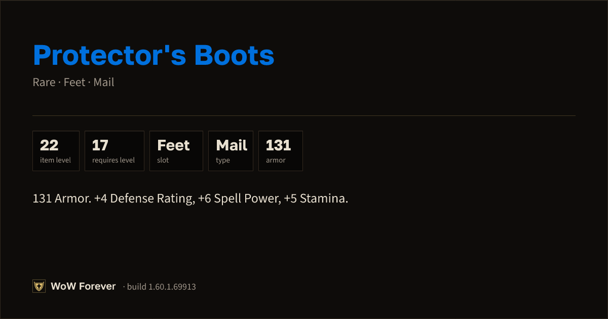 The preview card for Protector's Boots - Rare Mail Feet, Item Level 22
