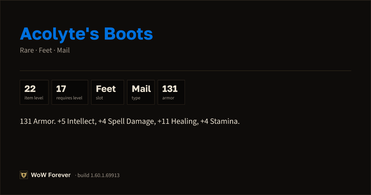 The preview card for Acolyte's Boots - Rare Mail Feet, Item Level 22