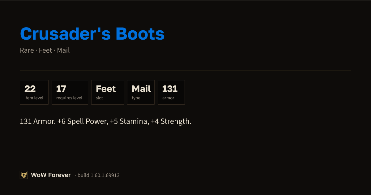 The preview card for Crusader's Boots - Rare Mail Feet, Item Level 22