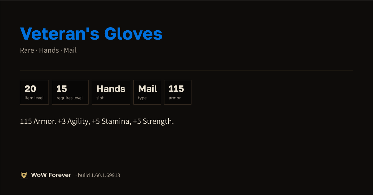 The preview card for Veteran's Gloves - Rare Mail Hands, Item Level 20