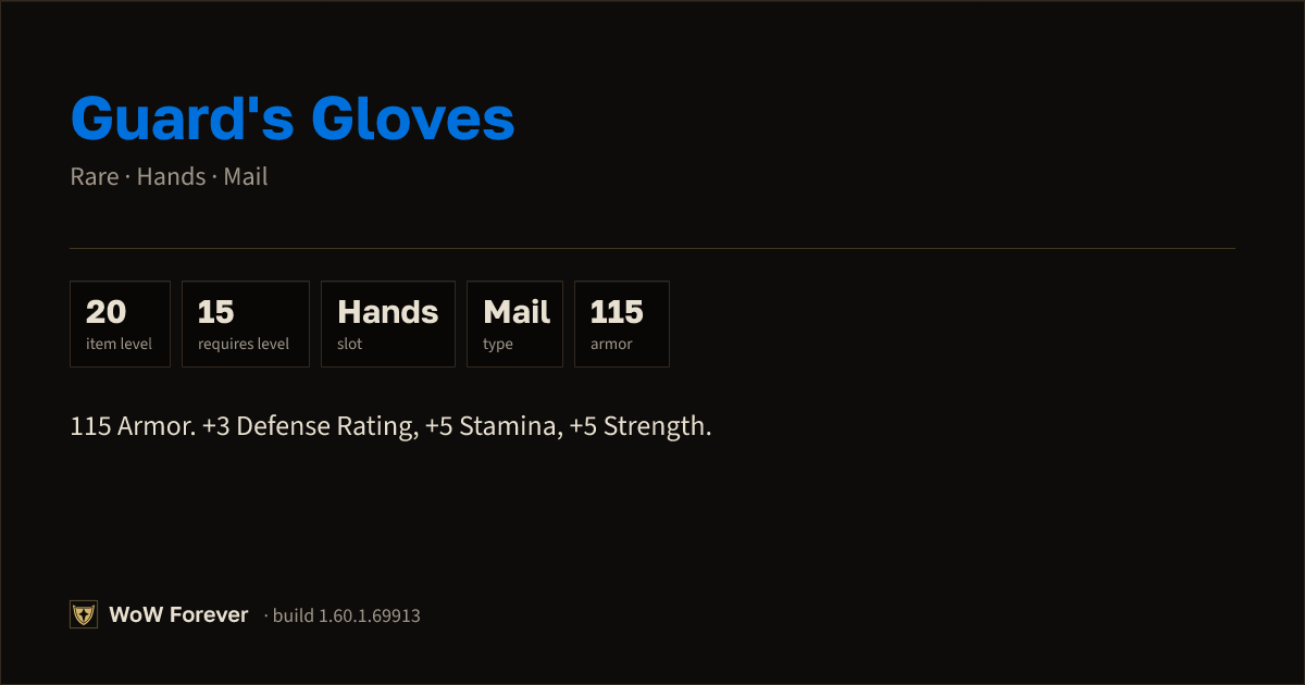 The preview card for Guard's Gloves - Rare Mail Hands, Item Level 20