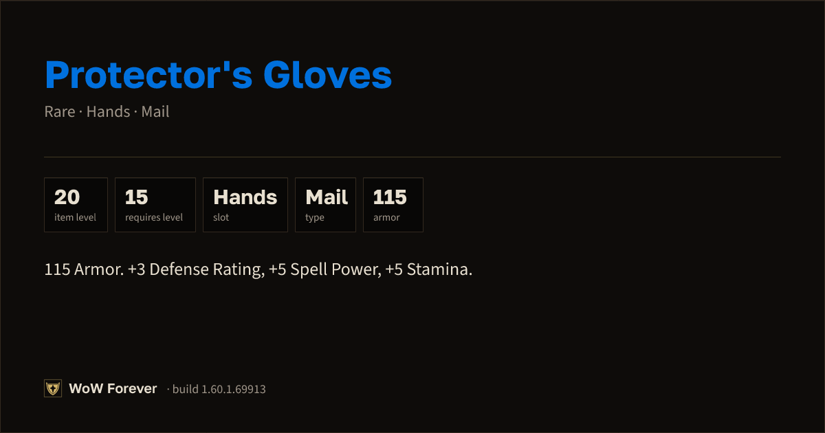 The preview card for Protector's Gloves - Rare Mail Hands, Item Level 20