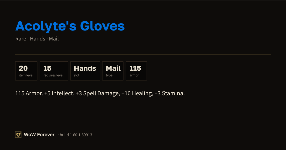 The preview card for Acolyte's Gloves - Rare Mail Hands, Item Level 20