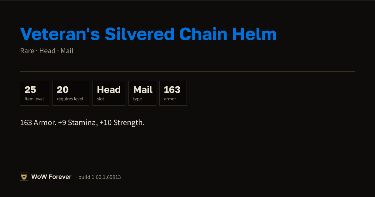 The preview card for Veteran's Silvered Chain Helm - Rare Mail Head