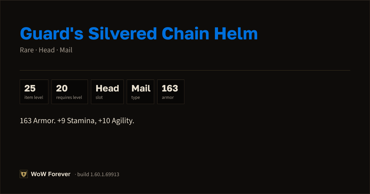 The preview card for Guard's Silvered Chain Helm - Rare Mail Head