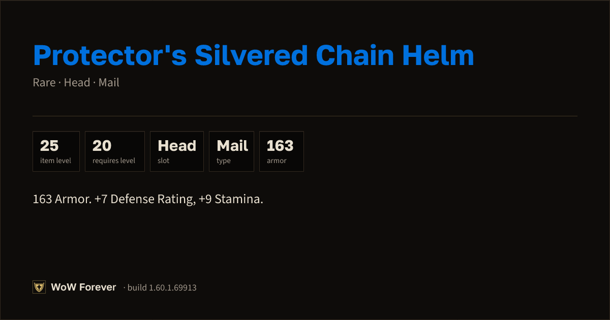 The preview card for Protector's Silvered Chain Helm - Rare Mail Head