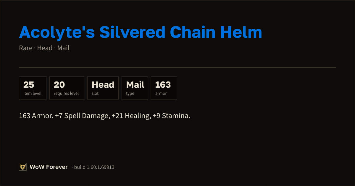 The preview card for Acolyte's Silvered Chain Helm - Rare Mail Head