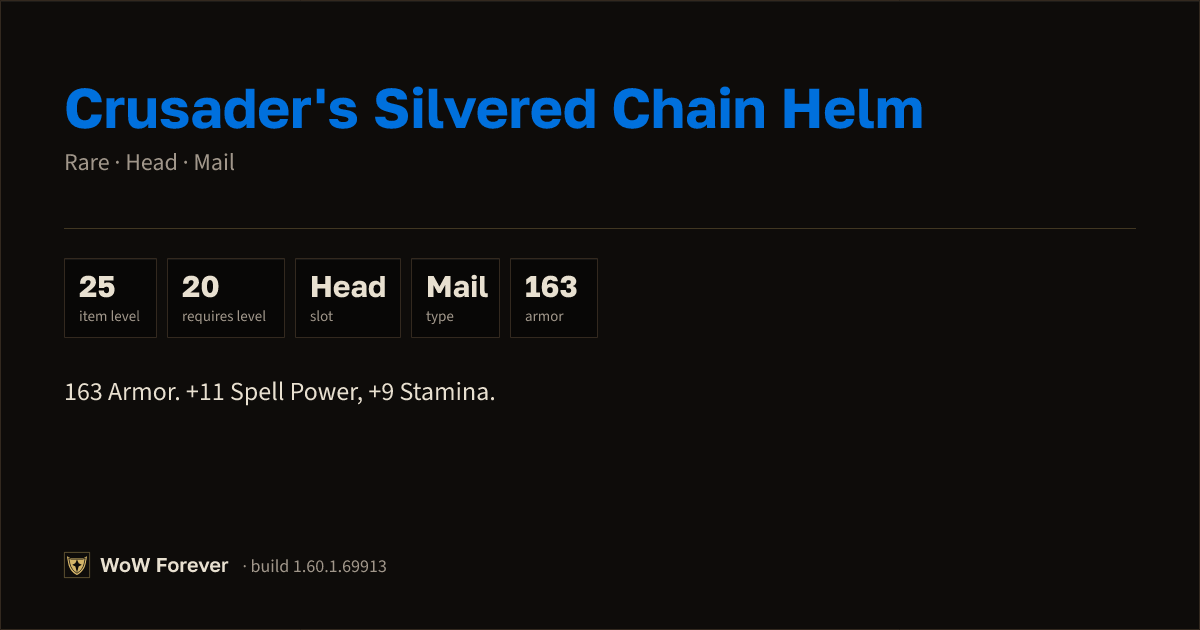 The preview card for Crusader's Silvered Chain Helm - Rare Mail Head