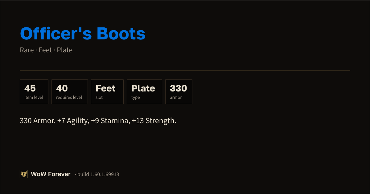 The preview card for Officer's Boots - Rare Plate Feet, Item Level 45
