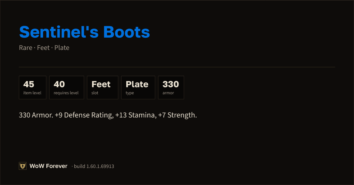 The preview card for Sentinel's Boots - Rare Plate Feet, Item Level 45