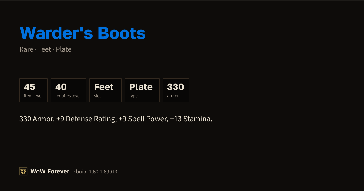The preview card for Warder's Boots - Rare Plate Feet, Item Level 45