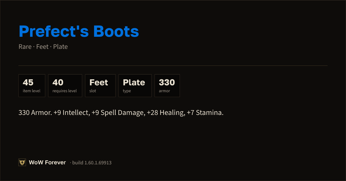 The preview card for Prefect's Boots - Rare Plate Feet, Item Level 45