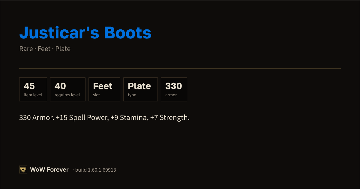 The preview card for Justicar's Boots - Rare Plate Feet, Item Level 45