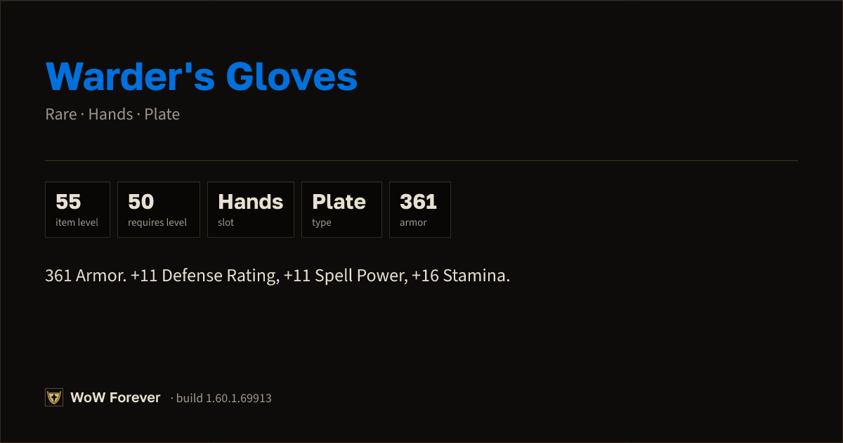 The preview card for Warder's Gloves - Rare Plate Hands, Item Level 55