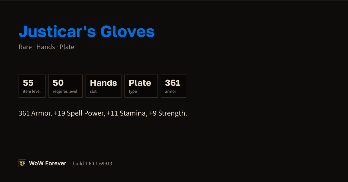 The preview card for Justicar's Gloves - Rare Plate Hands, Item Level 55