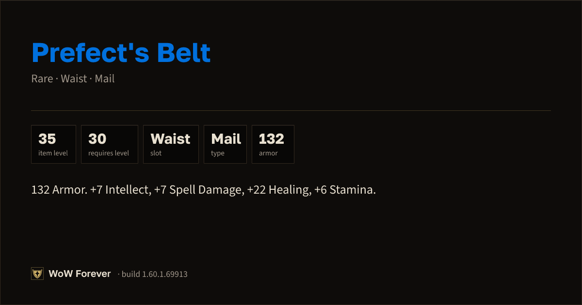 The preview card for Prefect's Belt - Rare Mail Waist, Item Level 35
