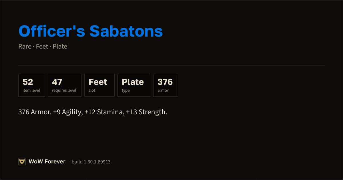 The preview card for Officer's Sabatons - Rare Plate Feet, Item Level 52