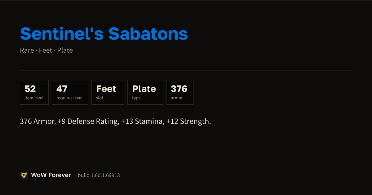 The preview card for Sentinel's Sabatons - Rare Plate Feet