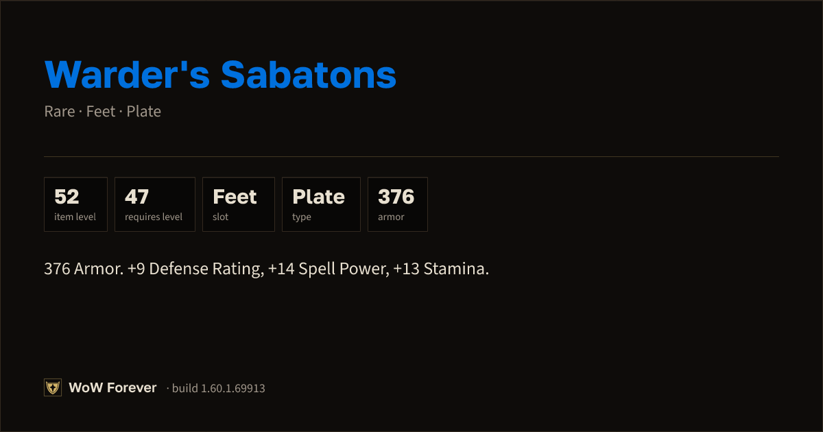 The preview card for Warder's Sabatons - Rare Plate Feet, Item Level 52