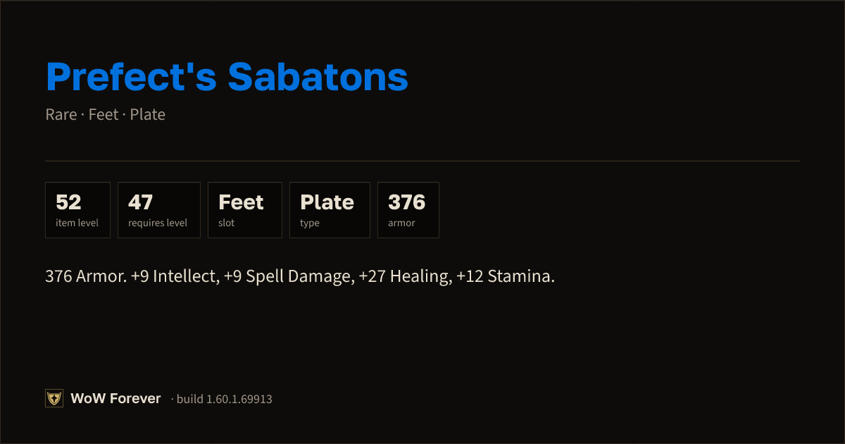 The preview card for Prefect's Sabatons - Rare Plate Feet, Item Level 52