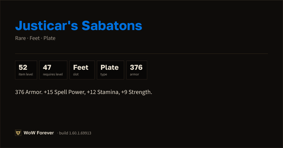 The preview card for Justicar's Sabatons - Rare Plate Feet