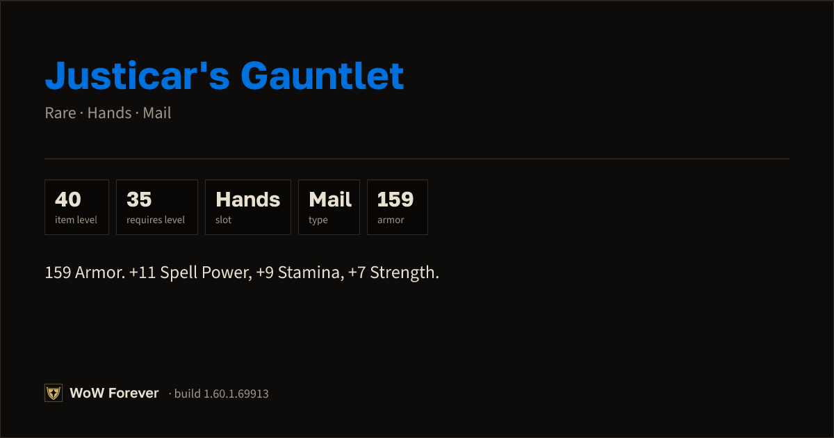 The preview card for Justicar's Gauntlet - Rare Mail Hands
