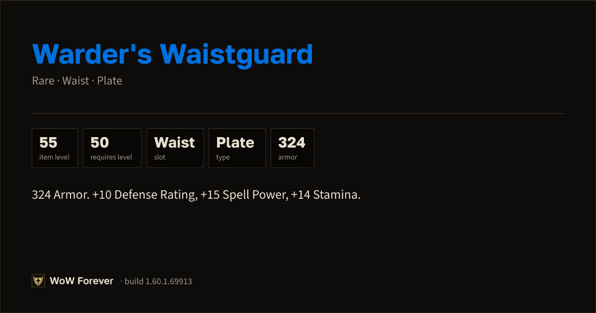 The preview card for Warder's Waistguard - Rare Plate Waist