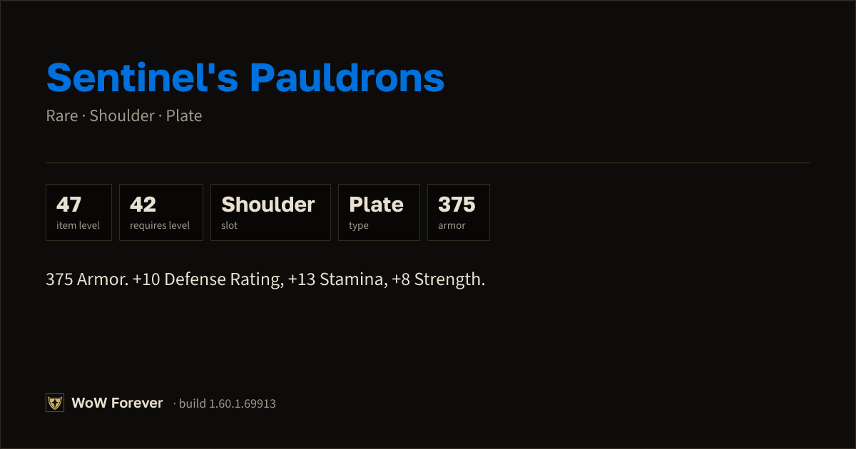 The preview card for Sentinel's Pauldrons - Rare Plate Shoulder