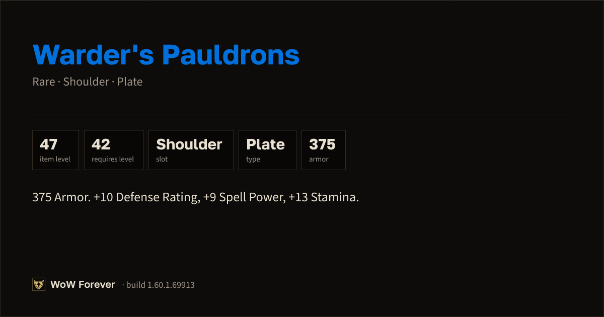The preview card for Warder's Pauldrons - Rare Plate Shoulder