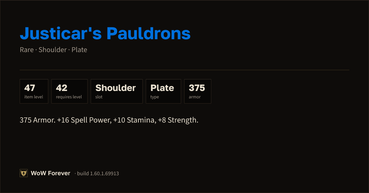 The preview card for Justicar's Pauldrons - Rare Plate Shoulder