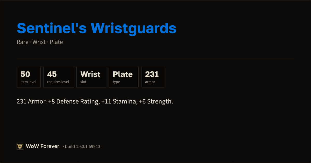 The preview card for Sentinel's Wristguards - Rare Plate Wrist