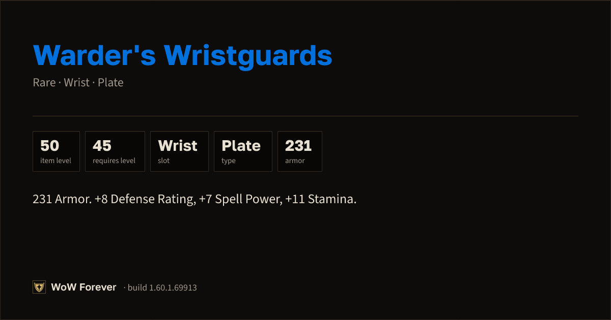 The preview card for Warder's Wristguards - Rare Plate Wrist