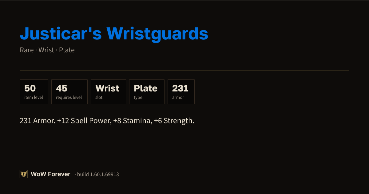 The preview card for Justicar's Wristguards - Rare Plate Wrist