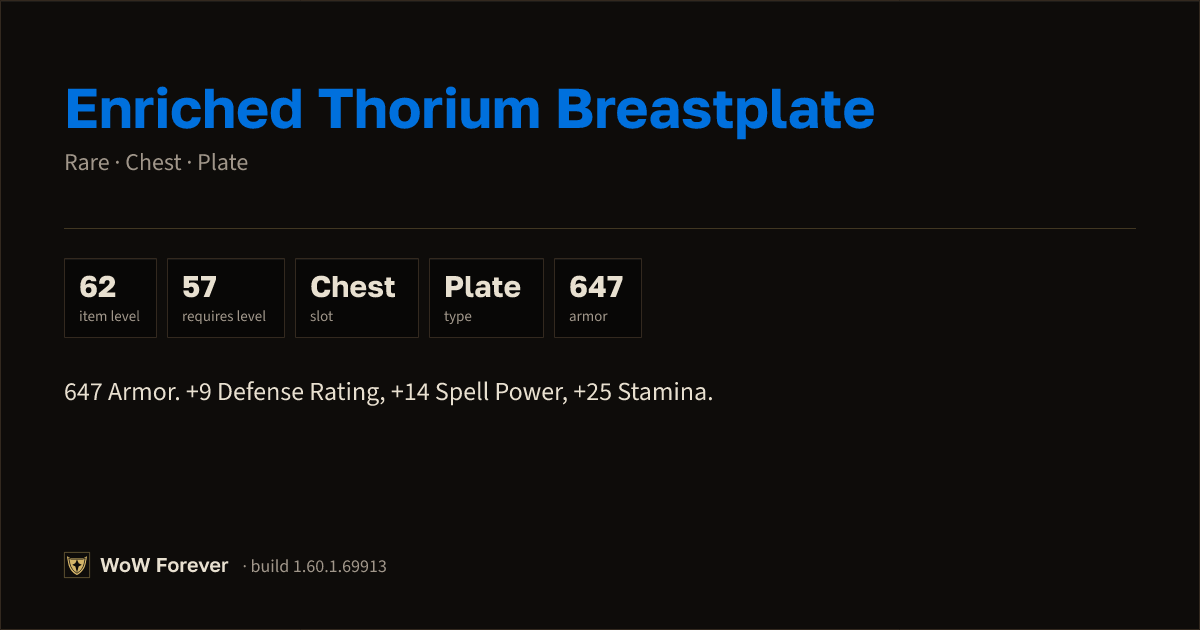 The preview card for Enriched Thorium Breastplate - Rare Plate Chest