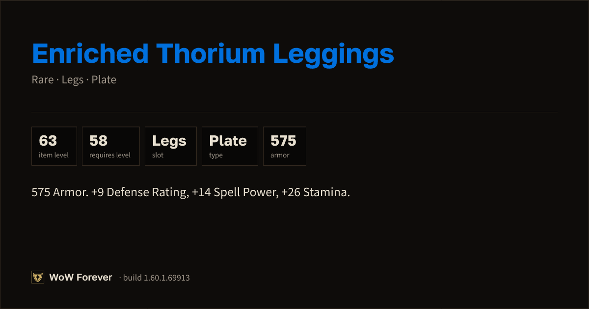 The preview card for Enriched Thorium Leggings - Rare Plate Legs