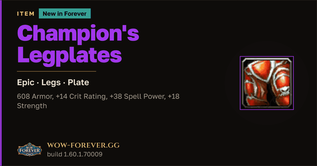 The preview card for Champion's Legplates - Epic Plate Legs