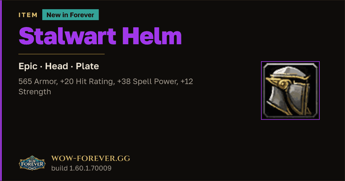 The preview card for Stalwart Helm - Epic Plate Head, Item Level 61