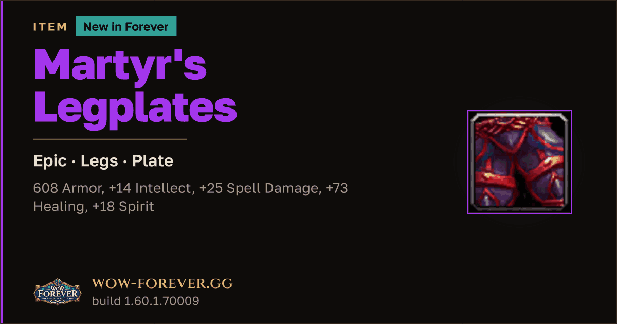 The preview card for Martyr's Legplates - Epic Plate Legs, Item Level 61